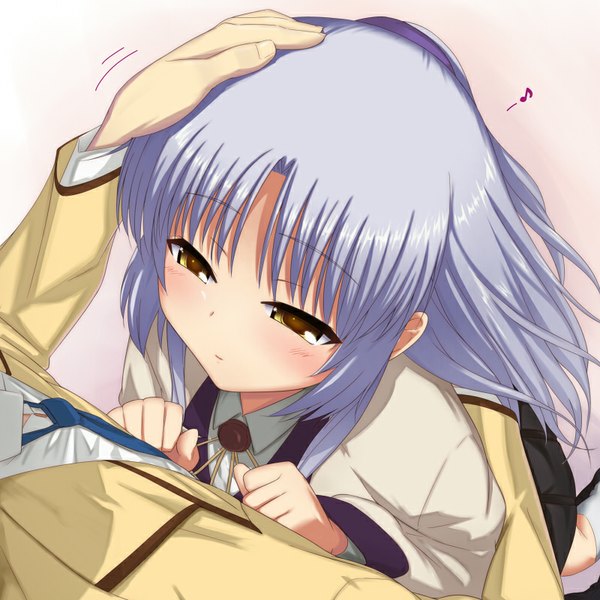 Anime picture 800x800 with angel beats! key (studio) tachibana kanade kanna asuke long hair blush simple background yellow eyes silver hair pleated skirt hug close-up hand on head girl skirt uniform school uniform socks necktie white socks