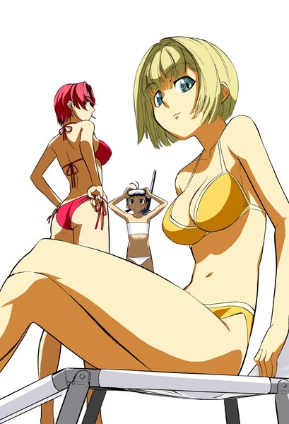 Anime picture 1574x2309 with pumpkin scissors alice l. malvin lili stecchin webner tagme (artist) tall image short hair breasts blue eyes light erotic blonde hair large breasts standing white background sitting multiple girls ass red hair flat chest girl