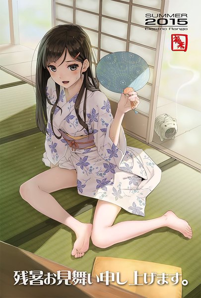 Anime picture 676x1000 with original fukukitaru single long hair tall image blush open mouth black hair full body traditional clothes japanese clothes barefoot from above black eyes sweat text smoke summer yokozuwari 2015