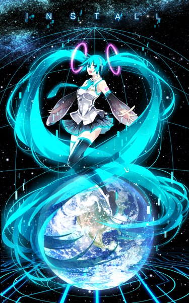 Anime picture 1000x1600 with vocaloid hatsune miku hanagata single tall image open mouth twintails bare shoulders very long hair pleated skirt aqua eyes aqua hair spread arms girl skirt detached sleeves thigh boots earth