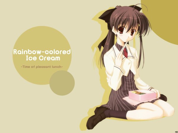 Anime picture 1024x768 with rainbow colored icecream nanao naru single long hair looking at viewer fringe simple background hair between eyes red eyes brown hair sitting full body ahoge long sleeves copyright name wariza eating girl dress ribbon (ribbons)