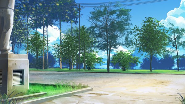Anime picture 1920x1080 with everlasting summer iichan eroge arsenixc vvcephei highres wide image game cg cloud (clouds) wallpaper no people scenic collaboration plant (plants) tree (trees) grass power lines road statue