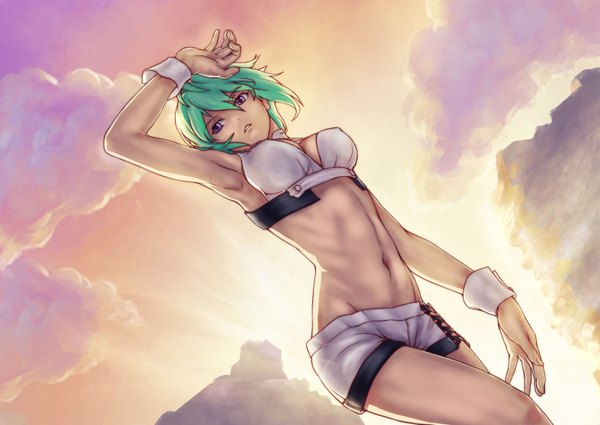 Anime picture 1748x1240 with aquarion (series) aquarion evol satelight zessica wong guts (artist) single fringe highres short hair breasts light erotic purple eyes sky cloud (clouds) bent knee (knees) green hair wind sunlight bare belly from below