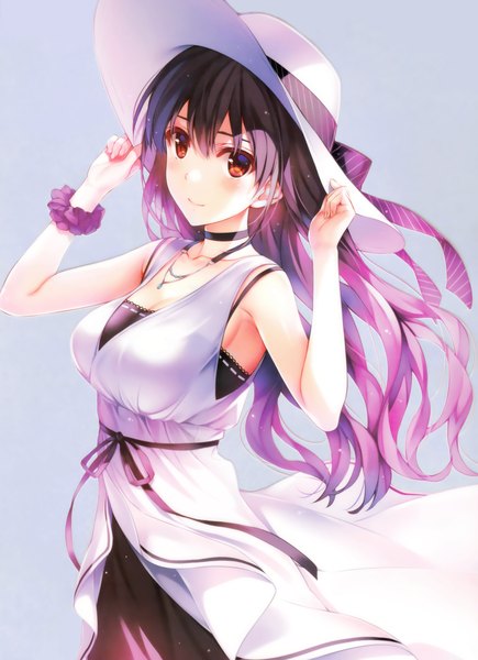 Anime picture 2542x3503 with saenai heroine no sodatekata a-1 pictures kasumigaoka utaha misaki kurehito single long hair tall image looking at viewer fringe highres breasts simple background smile hair between eyes red eyes large breasts absurdres purple hair scan grey background