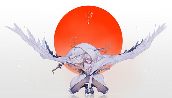 Anime picture 1050x600 with touken ranbu nitroplus tsurumaru kuninaga miyamotokannn single long hair looking at viewer fringe wide image holding yellow eyes full body white hair traditional clothes japanese clothes hair over one eye arm support reflection pale skin white wings