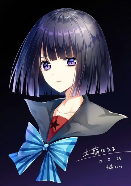 Anime picture 849x1200 with bishoujo senshi sailor moon toei animation tomoe hotaru kazunehaka single tall image looking at viewer fringe short hair black hair simple background purple eyes signed blunt bangs dated black background portrait star print girl uniform