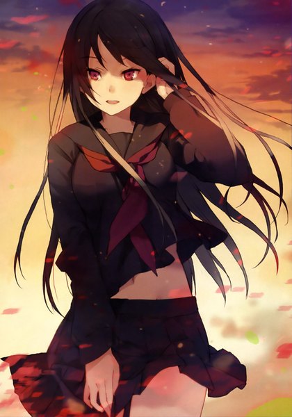 Anime picture 2613x3728 with original akinashi yuu single long hair tall image fringe highres breasts open mouth black hair red eyes large breasts standing looking away sky cloud (clouds) pleated skirt wind evening sunset
