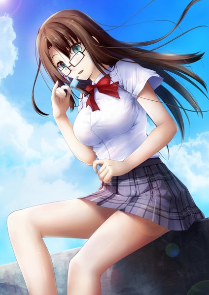 Anime picture 2480x3508 with original yoshida takuma single long hair tall image looking at viewer highres breasts open mouth brown hair large breasts sitting sky aqua eyes lens flare plaid skirt girl skirt shirt glasses