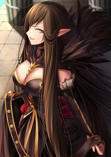 Anime picture 850x1200 with fate (series) fate/apocrypha semiramis (fate) toshi (1-147) single tall image looking at viewer blush fringe breasts open mouth light erotic black hair hair between eyes large breasts standing yellow eyes cleavage very long hair pointy ears