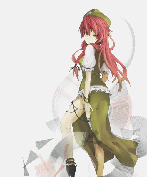 Anime picture 1249x1500 with touhou hong meiling ogipote single long hair tall image simple background red eyes white background red hair braid (braids) looking back legs chinese clothes girl skirt hat bracelet skirt set chinese dress