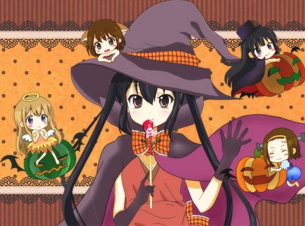 Anime picture 1300x963 with k-on! kyoto animation akiyama mio hirasawa yui nakano azusa kotobuki tsumugi tainaka ritsu ryoutan long hair black hair twintails brown eyes halloween chibi cosplay girl gloves hairband halo cloak