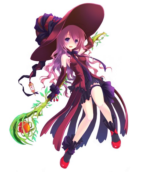 Anime picture 857x1000 with original hinasaki you long hair tall image looking at viewer blush open mouth simple background white background purple eyes pink hair girl gloves socks elbow gloves black socks witch hat staff