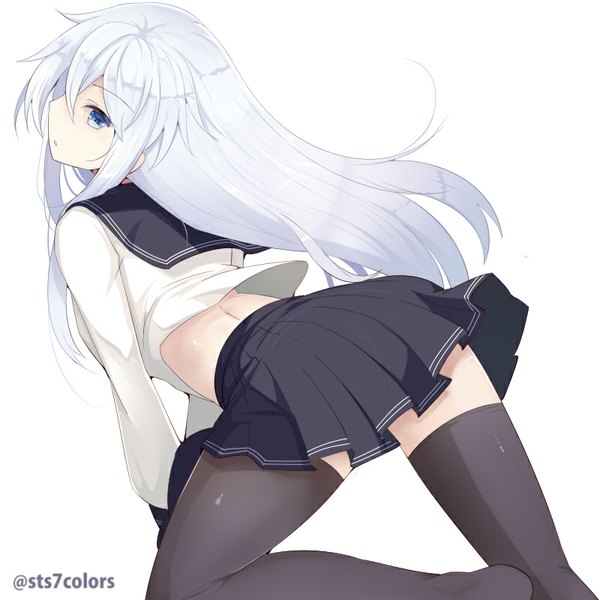 Anime picture 800x800 with kantai collection hibiki destroyer sts single long hair looking at viewer blush fringe blue eyes simple background standing white background signed ahoge bent knee (knees) white hair parted lips profile pleated skirt multicolored hair