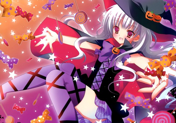 Anime picture 3500x2458 with original natsuki coco single long hair blush highres open mouth red eyes absurdres silver hair spread arms halloween witch girl thighhighs food sweets star (symbol) witch hat candy