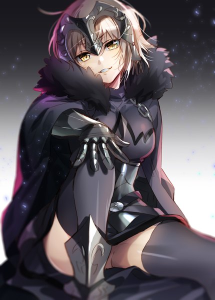 Anime picture 1200x1675 with fate (series) fate/grand order fate/apocrypha jeanne d'arc (fate) (all) jeanne d'arc alter (fate) murakami yuichi single tall image looking at viewer short hair breasts light erotic blonde hair smile sitting yellow eyes bent knee (knees) parted lips head tilt blurry