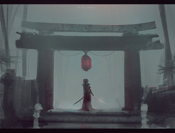 Anime picture 3910x2975 with aoi ogata single long hair highres standing holding absurdres from behind letterboxed dark hair fog weapon plant (plants) sword katana sheath lamp torii