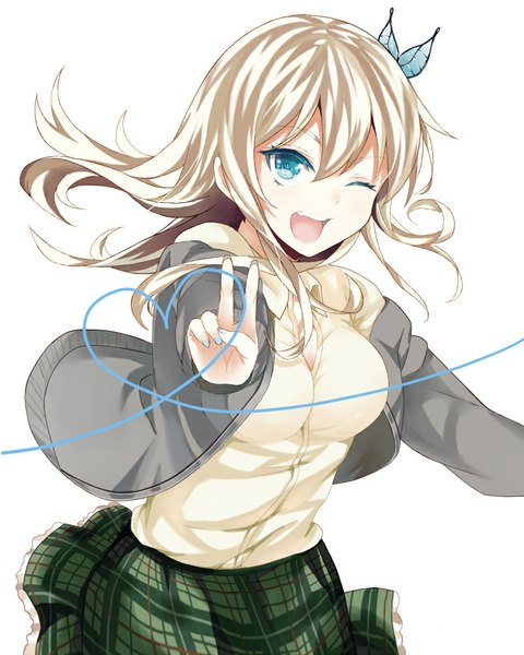 Anime picture 800x1000 with boku wa tomodachi ga sukunai kashiwazaki sena rrr (malingjie) single long hair tall image open mouth blonde hair simple background white background one eye closed aqua eyes wink plaid skirt heart of string girl skirt uniform hair ornament school uniform