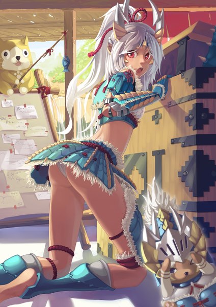 Anime picture 1000x1414 with monster hunter monster hunter (character) zinogre (armor) madyy single long hair tall image looking at viewer open mouth light erotic red eyes ass white hair ponytail barefoot :o pantyshot kneeling surprised girl