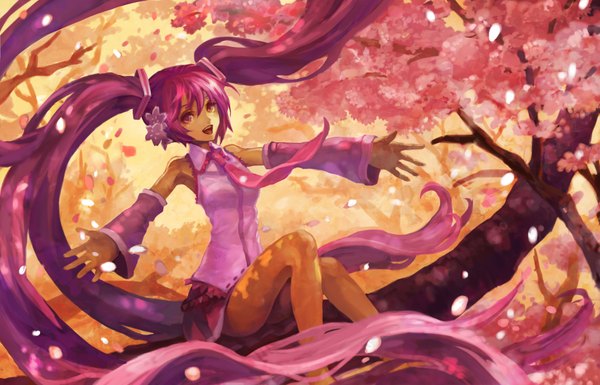 Anime picture 1709x1098 with vocaloid hatsune miku sakura miku hakoniwa (artist) single highres open mouth sitting twintails bare shoulders pink hair very long hair pink eyes hair flower wind legs cherry blossoms spread arms girl hair ornament