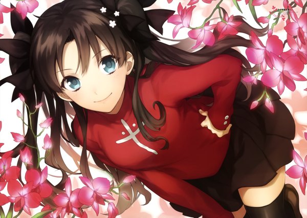 Anime picture 6051x4297 with fate (series) fate/stay night studio deen type-moon toosaka rin single long hair looking at viewer highres blue eyes black hair absurdres scan girl thighhighs skirt flower (flowers) bow black thighhighs hair bow