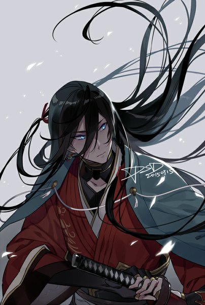 Anime picture 607x900 with touken ranbu nitroplus izuminokami kanesada psd (pixiv) single long hair tall image blue eyes black hair hair between eyes holding signed looking away traditional clothes japanese clothes lips wide sleeves dated unsheathing boy