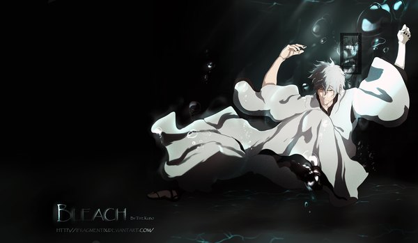 Anime picture 2200x1282 with bleach studio pierrot kurosaki ichigo ifragmentix highres short hair wide image eyes closed nail polish traditional clothes japanese clothes grey hair inscription coloring underwater kimono bubble (bubbles)