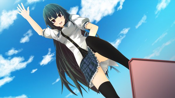 Anime picture 1280x720 with natsuiro asagao residence long hair open mouth black hair red eyes wide image game cg cloud (clouds) zettai ryouiki skirt lift girl thighhighs skirt uniform black thighhighs school uniform miniskirt