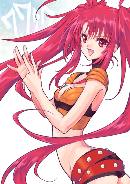 Anime picture 708x1000 with tales of (series) tales of destiny 2 nanaly fletch jako (toyprn) single long hair tall image open mouth simple background red eyes twintails looking away cleavage red hair bare belly floating hair victory girl shorts star (symbol)