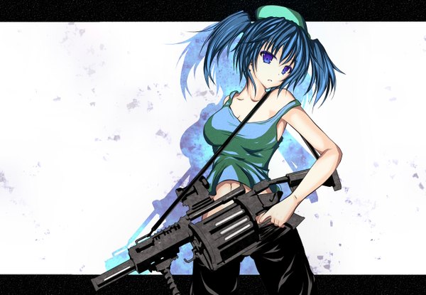 Anime picture 1300x900 with touhou kawashiro nitori takiteru purple eyes twintails blue hair short twintails girl weapon gun