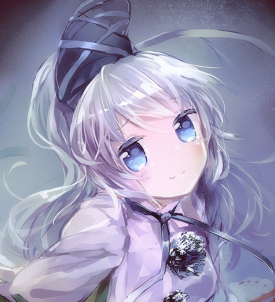 Anime picture 800x881 with touhou mononobe no futo namie-kun single long hair tall image looking at viewer blush blue eyes simple background smile silver hair ponytail from above portrait girl hat teardrop