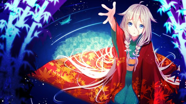 Anime picture 1600x900 with vocaloid ia (vocaloid) nekomaaro single long hair fringe blue eyes wide image sitting silver hair braid (braids) traditional clothes japanese clothes twin braids kneeling outstretched arm seiza girl plant (plants) water