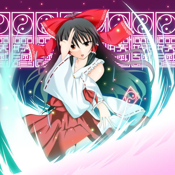 Anime picture 1200x1200 with touhou hakurei reimu fule single long hair black hair red eyes girl bow hair bow detached sleeves hairband