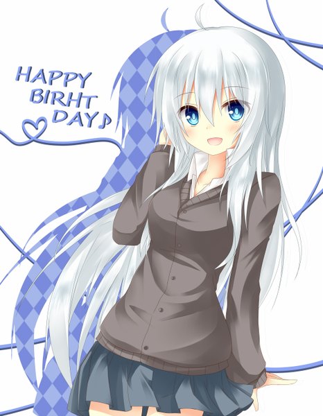 Anime picture 1100x1416 with original chabaneko single long hair tall image open mouth blue eyes ahoge white hair girl skirt miniskirt sweater