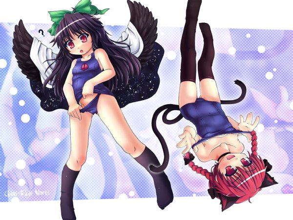 Anime picture 1600x1200 with touhou reiuji utsuho kaenbyou rin etogami kazuya long hair highres short hair light erotic black hair red eyes twintails animal ears red hair tail braid (braids) cat ears cat tail twin braids multiple tails zoom layer