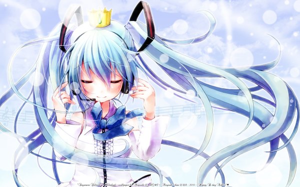Anime picture 2560x1600 with vocaloid hatsune miku long hair blush highres smile wide image twintails blue hair eyes closed girl bow detached sleeves headphones crown