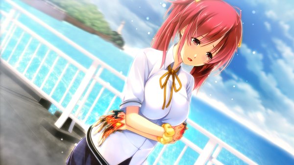 Anime picture 2048x1152 with sougeki no jaeger single long hair highres open mouth red eyes wide image twintails game cg sky cloud (clouds) red hair girl shirt