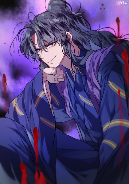 Anime picture 700x1000 with inuyasha naraku sorolp single long hair tall image black hair smile red eyes sitting signed payot ponytail long sleeves traditional clothes japanese clothes blurry wide sleeves text wavy hair