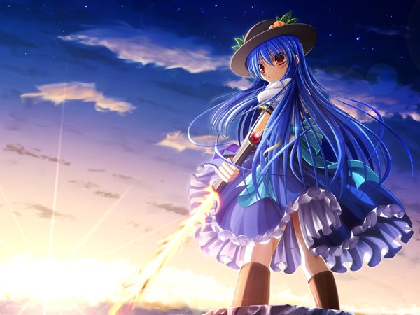 Anime picture 1290x968 with touhou hinanawi tenshi hatomura (tareneko club) single long hair looking at viewer blush smile red eyes blue hair sky cloud (clouds) looking back girl dress weapon hat sword fire hisou no tsurugi