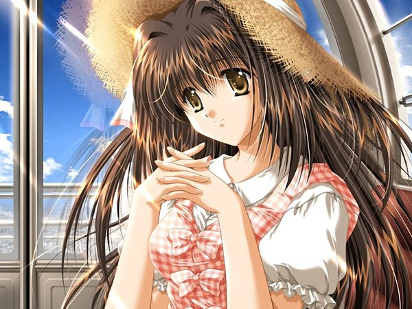 Anime picture 1024x768 with sky (game) hiougi ayame akira (usausa) single brown hair brown eyes game cg girl hat