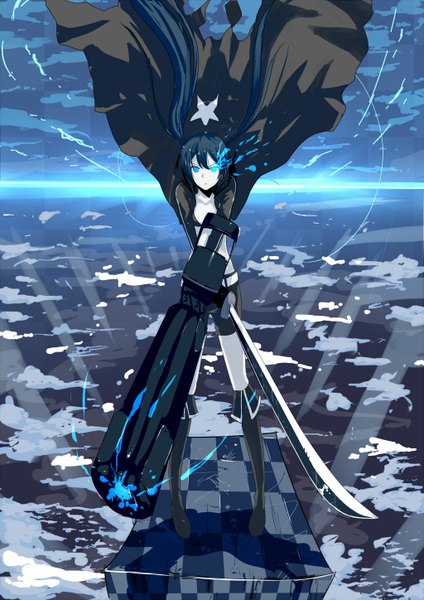 Anime picture 1024x1448 with black rock shooter black rock shooter (character) single long hair tall image blue eyes black hair twintails glowing glowing eye (eyes) girl weapon sword shorts boots katana gun