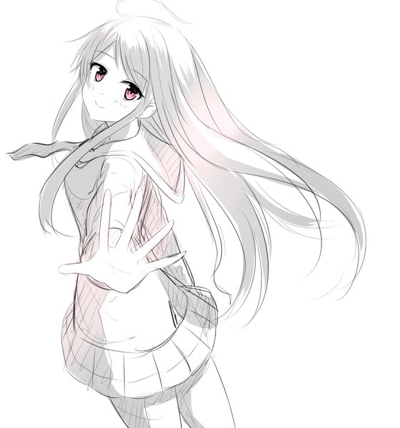 Anime picture 1000x1071 with original isshiki (ffmania7) single long hair tall image looking at viewer blush fringe red eyes white background looking back from above light smile wind from behind outstretched arm monochrome sketch partially colored girl