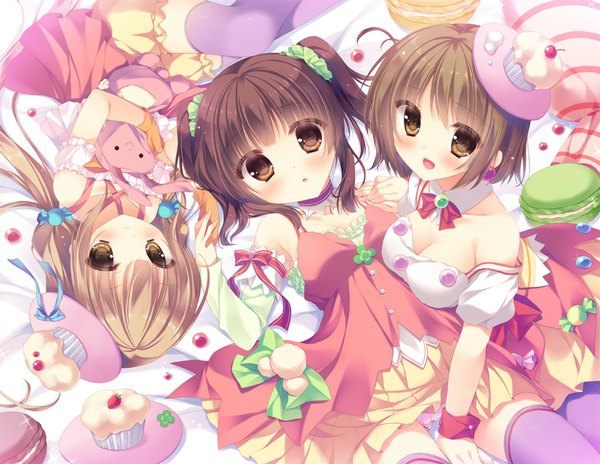 Anime picture 900x697 with idolmaster idolmaster cinderella girls futaba anzu ogata chieri mimura kanako yukie (peach candy) long hair looking at viewer blush short hair breasts open mouth light erotic brown hair twintails bare shoulders multiple girls brown eyes payot ahoge