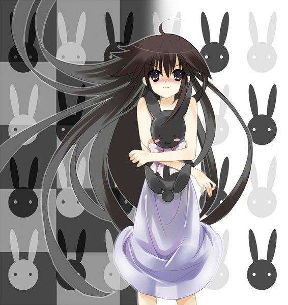 Anime picture 1000x1060 with pandora hearts xebec alice (pandora hearts) shinta hoshi-to single tall image looking at viewer blush brown hair bare shoulders very long hair hug checkered background girl dress bow toy stuffed animal bunny