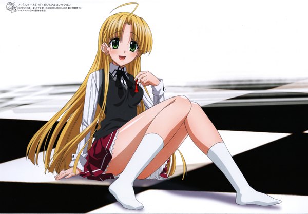 Anime picture 6903x4805 with highschool dxd asia argento miyama zero mishima hiroji single long hair looking at viewer blush highres open mouth light erotic blonde hair sitting green eyes absurdres scan official art checkered floor girl uniform