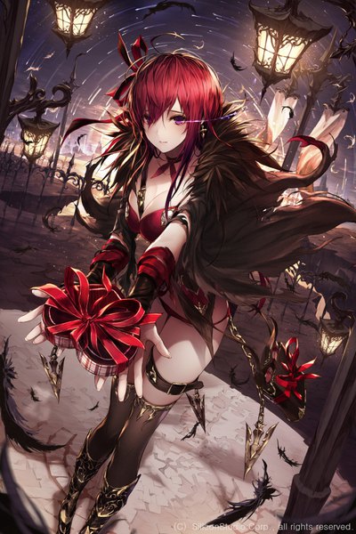 Anime picture 666x1000 with age of ishtaria wanke single long hair tall image looking at viewer fringe breasts light erotic hair between eyes large breasts standing purple eyes holding signed sky cleavage ahoge red hair fingernails
