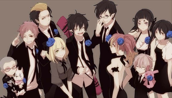 Anime picture 1225x700 with ao no exorcist a-1 pictures okumura rin okumura yukio moriyama shiemi shima renzou kamiki izumo suguro ryuuji miwa konekomaru kirigakure shura takara long hair fringe short hair open mouth black hair blonde hair smile red eyes wide image