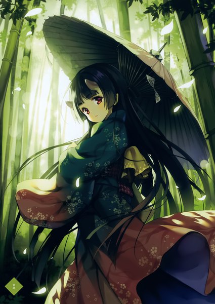 Anime picture 2833x4000 with original senji (tegone spike) single tall image looking at viewer blush highres black hair red eyes very long hair traditional clothes japanese clothes looking back horn (horns) scan oni horns bamboo forest girl plant (plants) petals