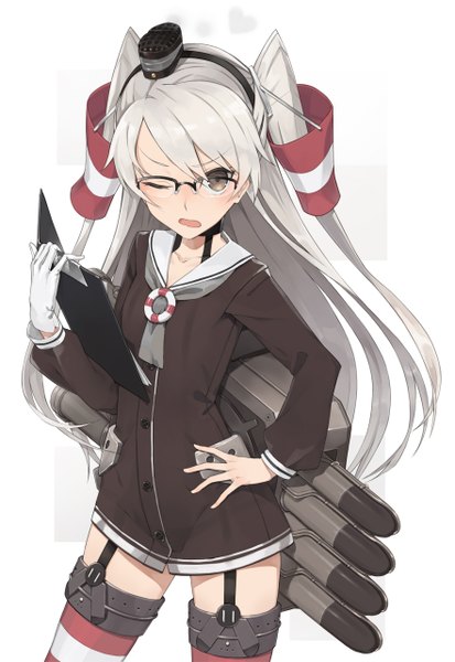 Anime picture 881x1280 with kantai collection amatsukaze destroyer hayashi kewi single long hair tall image looking at viewer blush simple background white background brown eyes white hair one eye closed wink two side up hand on hip bespectacled girl thighhighs dress