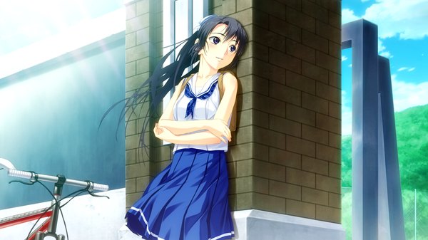 Anime picture 1024x576 with suigetsu 2 long hair black hair wide image purple eyes game cg ponytail girl skirt uniform school uniform
