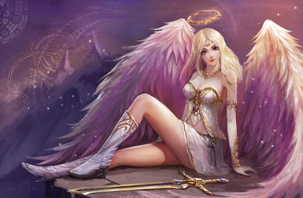 Anime picture 1524x1000 with league of legends turewindwalker single long hair looking at viewer blonde hair sitting bare shoulders brown eyes sunlight realistic high heels mountain angel wings white wings girl skirt gloves weapon sword